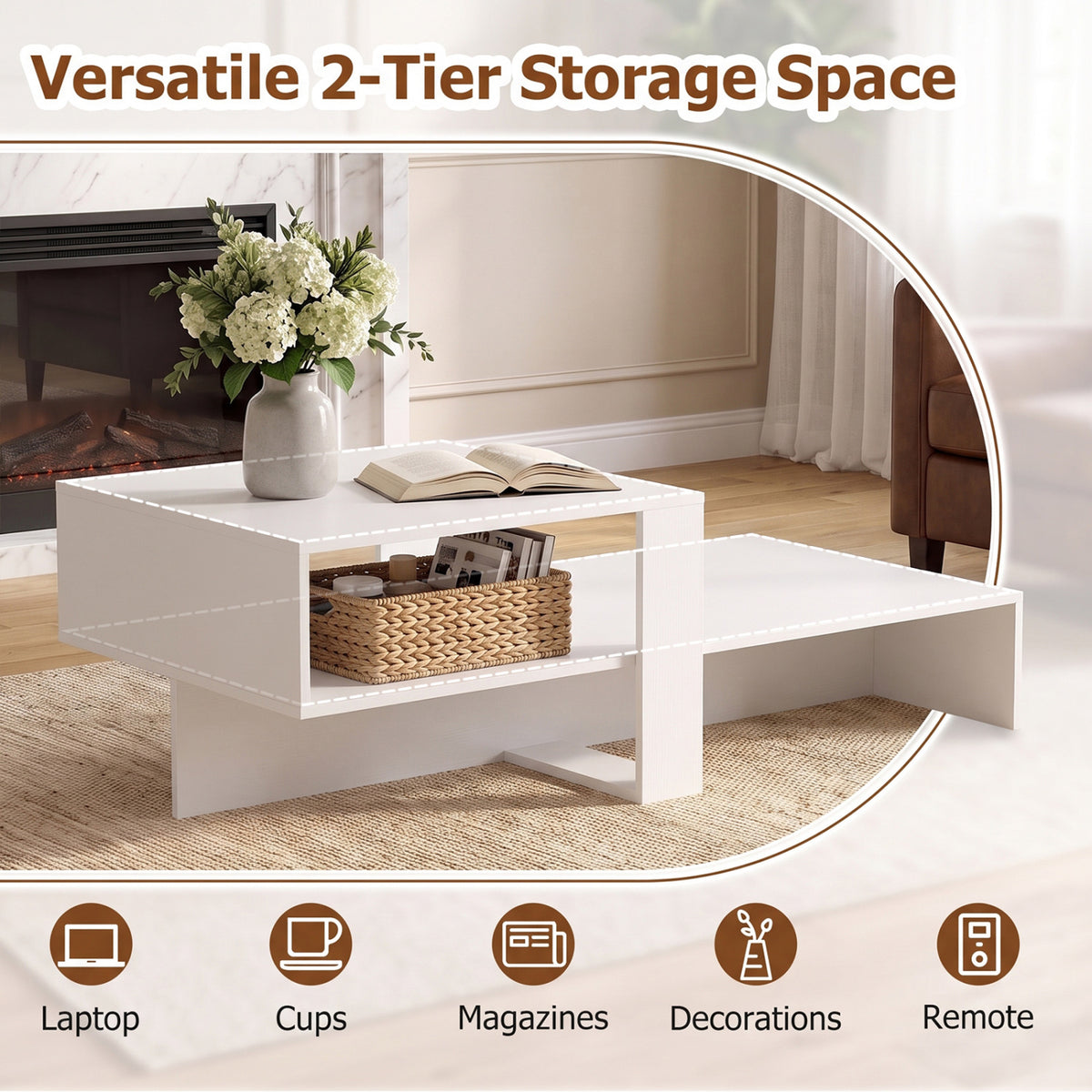 2-Tier Coffee Table Modern Irregular Center Table with Open Storage Shelf-White view 7