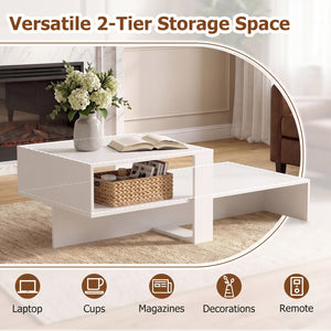 2-Tier Coffee Table Modern Irregular Center Table with Open Storage Shelf-White view 7