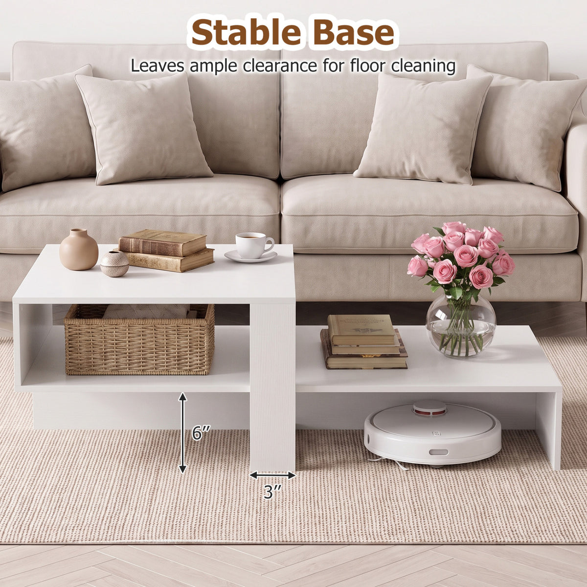 2-Tier Coffee Table Modern Irregular Center Table with Open Storage Shelf-White view 8