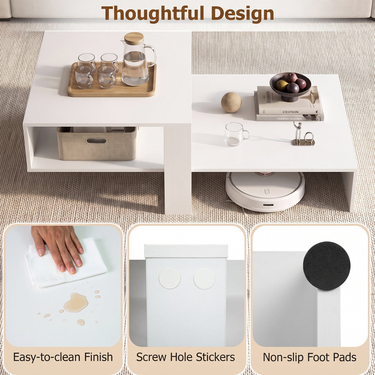 2-Tier Coffee Table Modern Irregular Center Table with Open Storage Shelf-White view 9