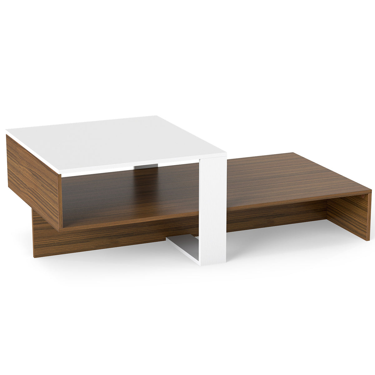 2-Tier Coffee Table Modern Irregular Center Table with Open Storage Shelf-White & Brown