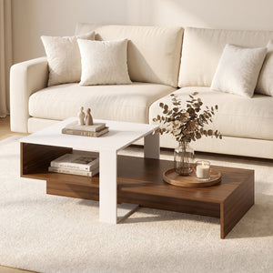 2-Tier Coffee Table Modern Irregular Center Table with Open Storage Shelf-White & Brown view 2
