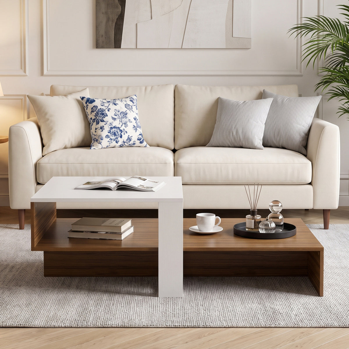 2-Tier Coffee Table Modern Irregular Center Table with Open Storage Shelf-White & Brown view 3