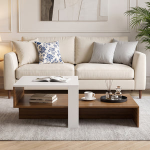 2-Tier Coffee Table Modern Irregular Center Table with Open Storage Shelf-White & Brown view 3
