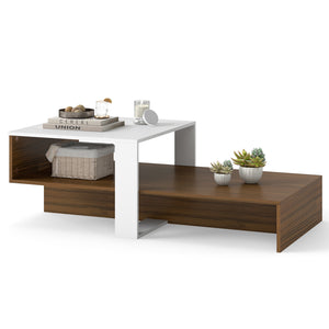 2-Tier Coffee Table Modern Irregular Center Table with Open Storage Shelf-White & Brown view 4
