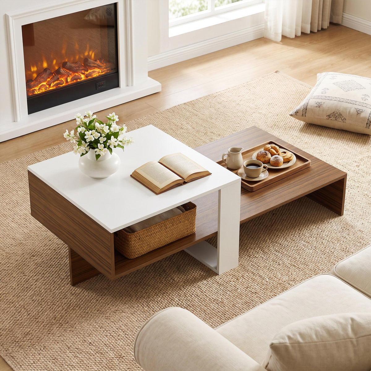 2-Tier Coffee Table Modern Irregular Center Table with Open Storage Shelf-White & Brown view 6