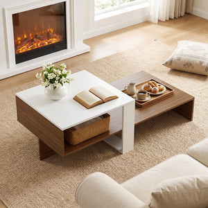 2-Tier Coffee Table Modern Irregular Center Table with Open Storage Shelf-White & Brown view 6