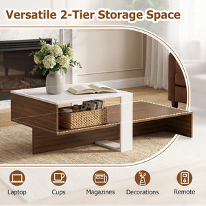 2-Tier Coffee Table Modern Irregular Center Table with Open Storage Shelf-White & Brown view 7