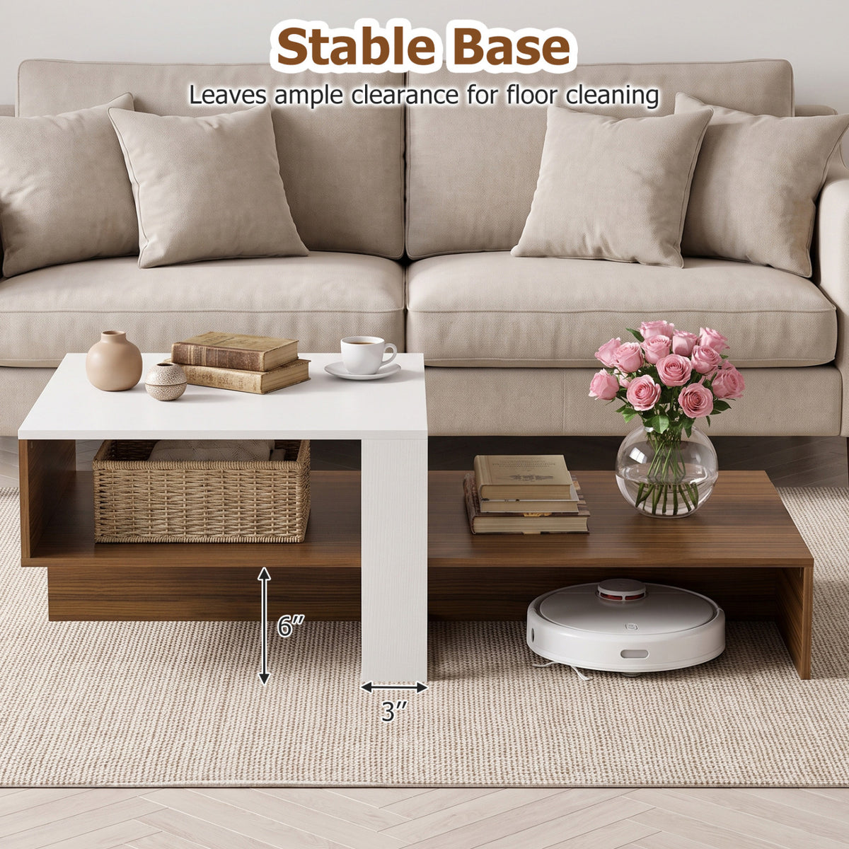 2-Tier Coffee Table Modern Irregular Center Table with Open Storage Shelf-White & Brown view 8