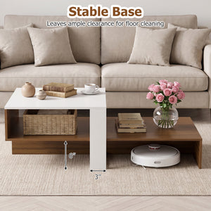 2-Tier Coffee Table Modern Irregular Center Table with Open Storage Shelf-White & Brown view 8