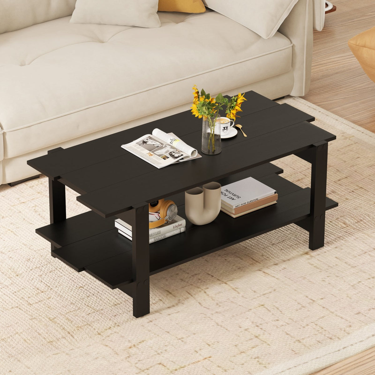 2-Tier Coffee Table Slatted Wood Center Table with Storage Shelf-Black view 2
