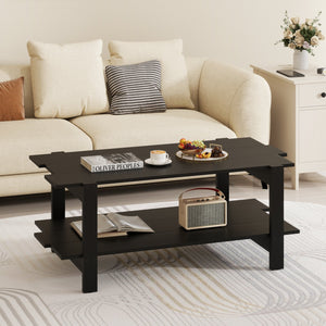 2-Tier Coffee Table Slatted Wood Center Table with Storage Shelf-Black view 3