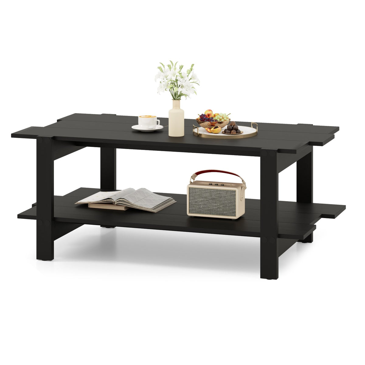 2-Tier Coffee Table Slatted Wood Center Table with Storage Shelf-Black view 4