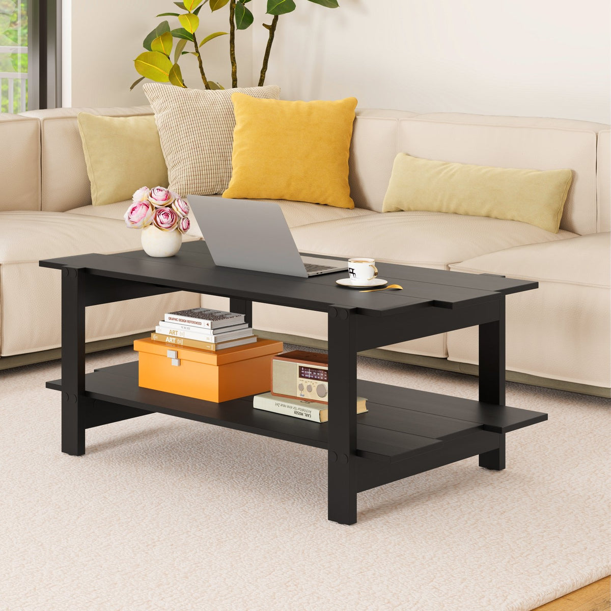 2-Tier Coffee Table Slatted Wood Center Table with Storage Shelf-Black view 6