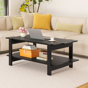 2-Tier Coffee Table Slatted Wood Center Table with Storage Shelf-Black view 6
