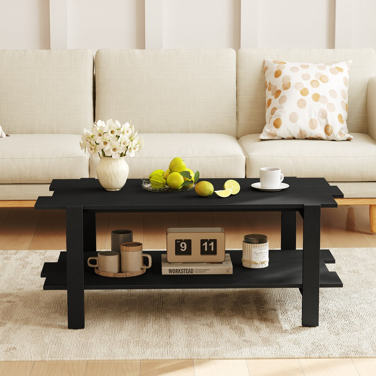 2-Tier Coffee Table Slatted Wood Center Table with Storage Shelf-Black view 7