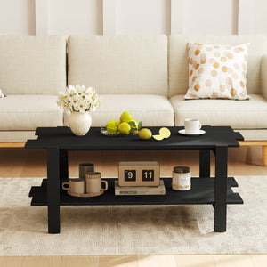 2-Tier Coffee Table Slatted Wood Center Table with Storage Shelf-Black view 7