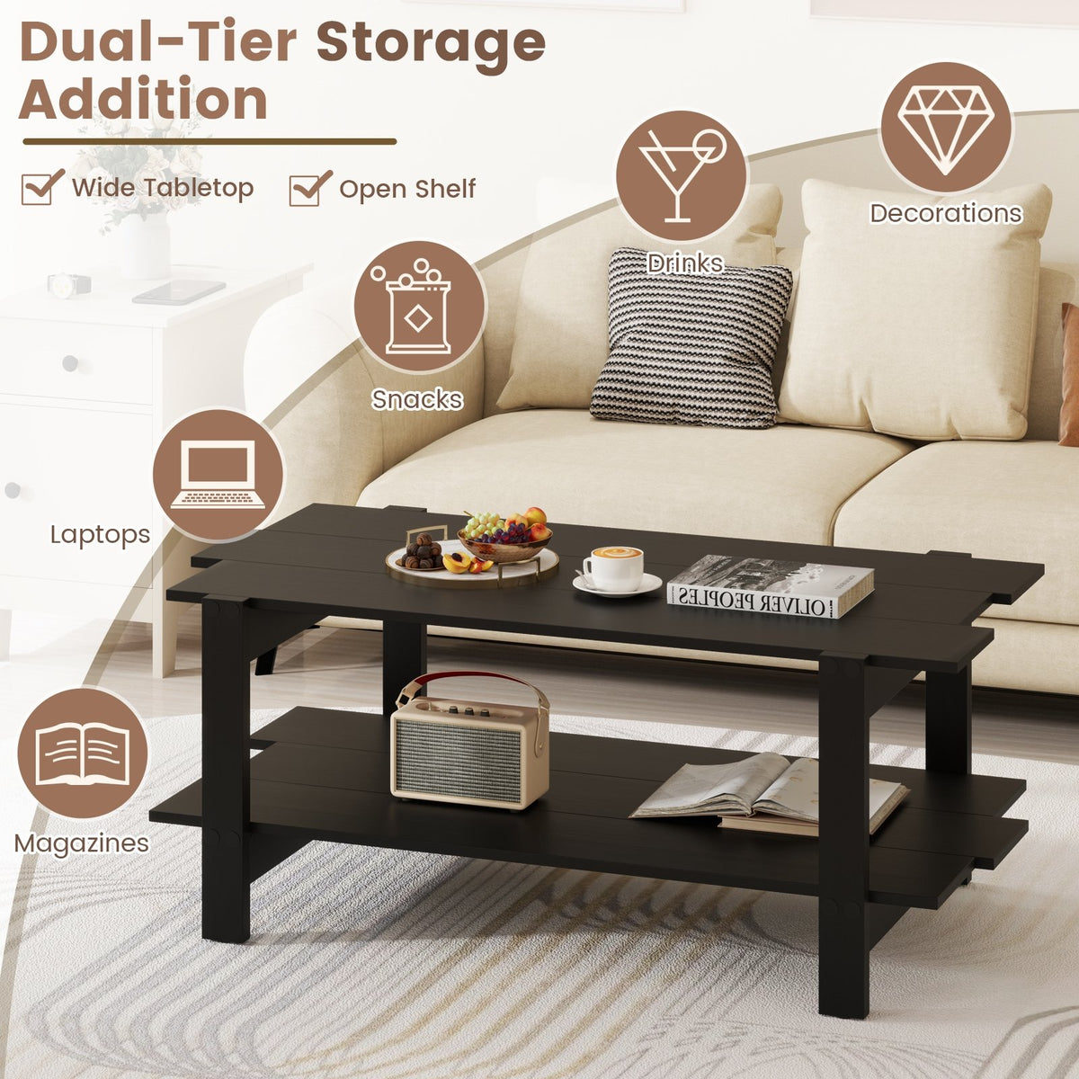 2-Tier Coffee Table Slatted Wood Center Table with Storage Shelf-Black view 8