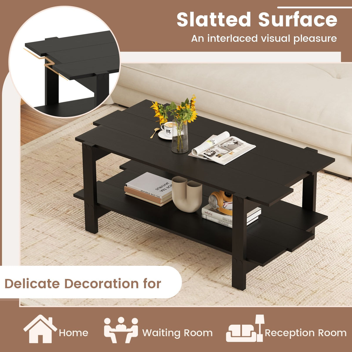 2-Tier Coffee Table Slatted Wood Center Table with Storage Shelf-Black view 9