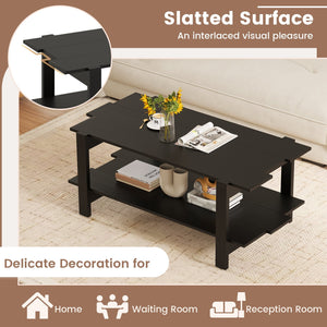 2-Tier Coffee Table Slatted Wood Center Table with Storage Shelf-Black view 9