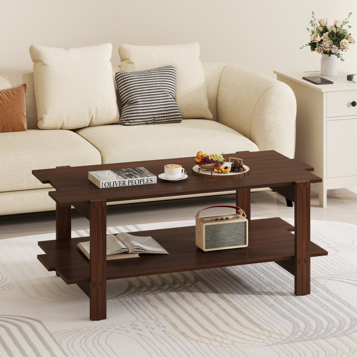 2-Tier Coffee Table Slatted Wood Center Table with Storage Shelf-Walnut view 3