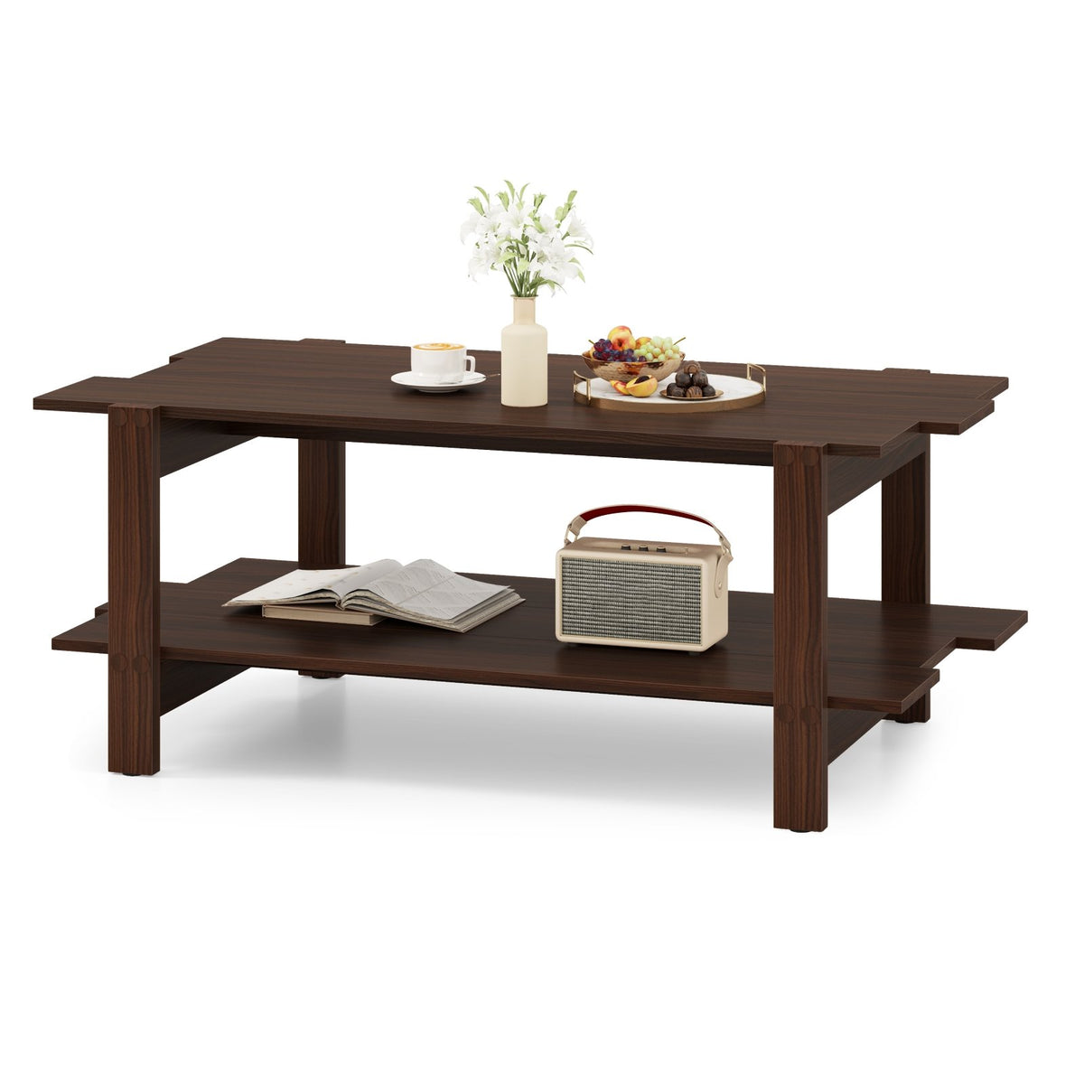 2-Tier Coffee Table Slatted Wood Center Table with Storage Shelf-Walnut view 4