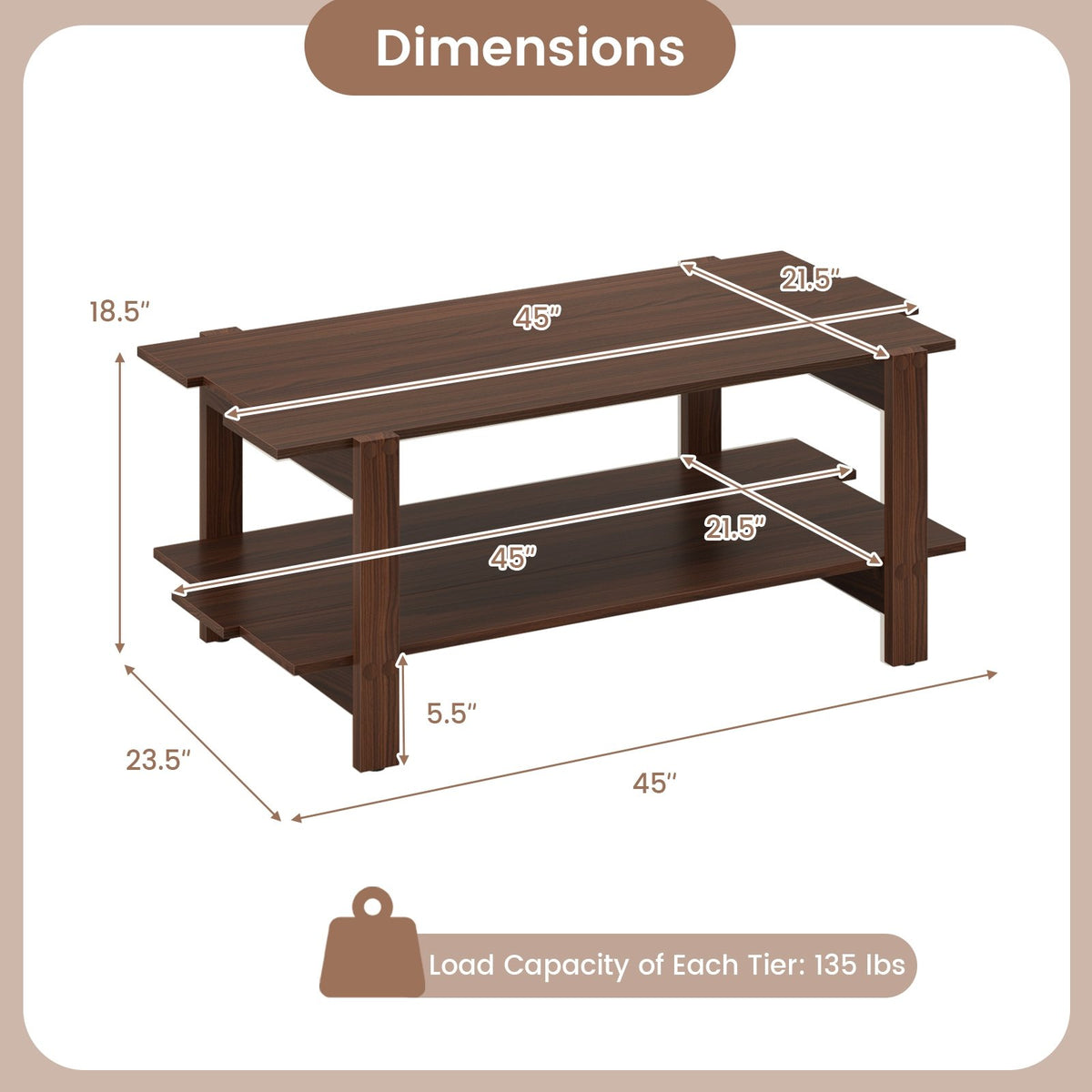 2-Tier Coffee Table Slatted Wood Center Table with Storage Shelf-Walnut view 5
