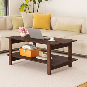 2-Tier Coffee Table Slatted Wood Center Table with Storage Shelf-Walnut view 6