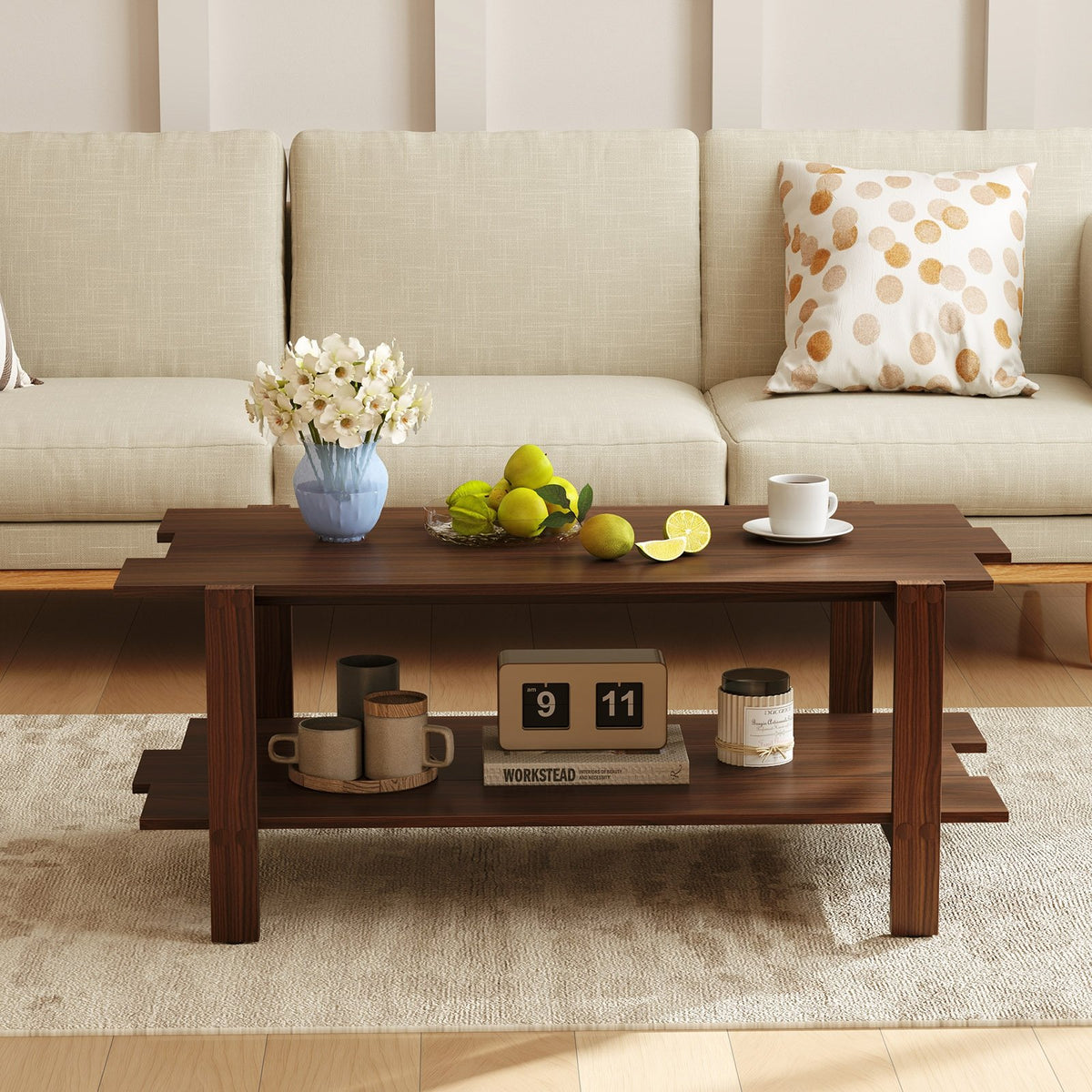 2-Tier Coffee Table Slatted Wood Center Table with Storage Shelf-Walnut view 7