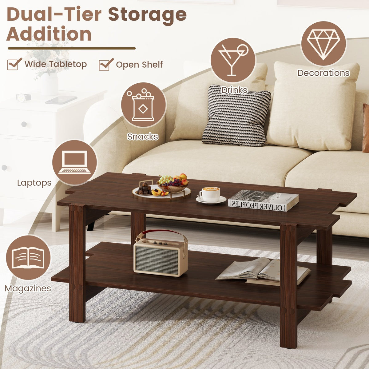 2-Tier Coffee Table Slatted Wood Center Table with Storage Shelf-Walnut view 8