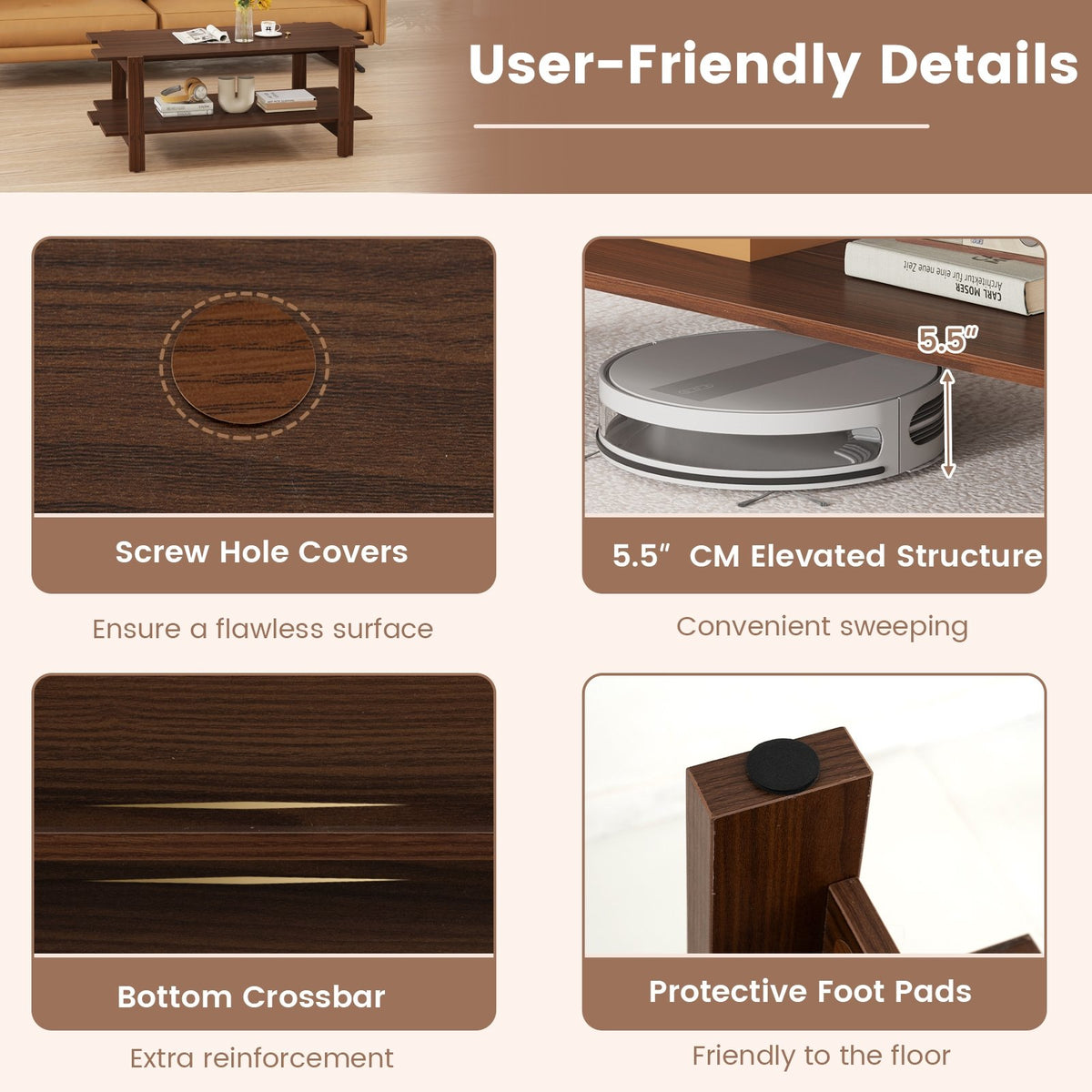 2-Tier Coffee Table Slatted Wood Center Table with Storage Shelf-Walnut view 9