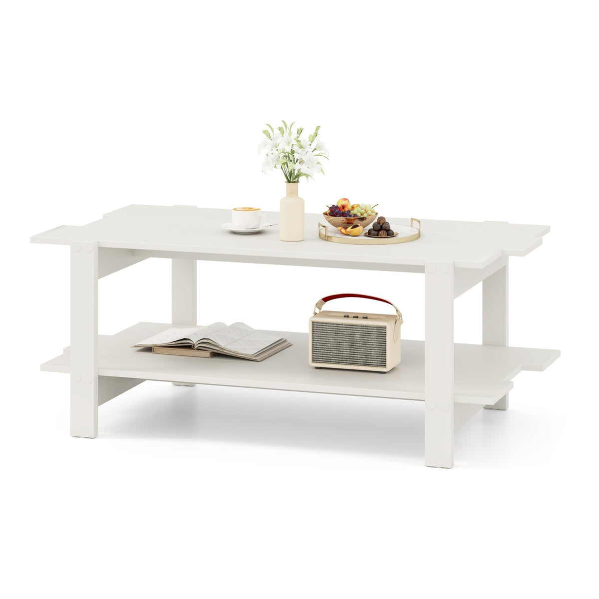 2-Tier Coffee Table Slatted Wood Center Table with Storage Shelf-White view 4