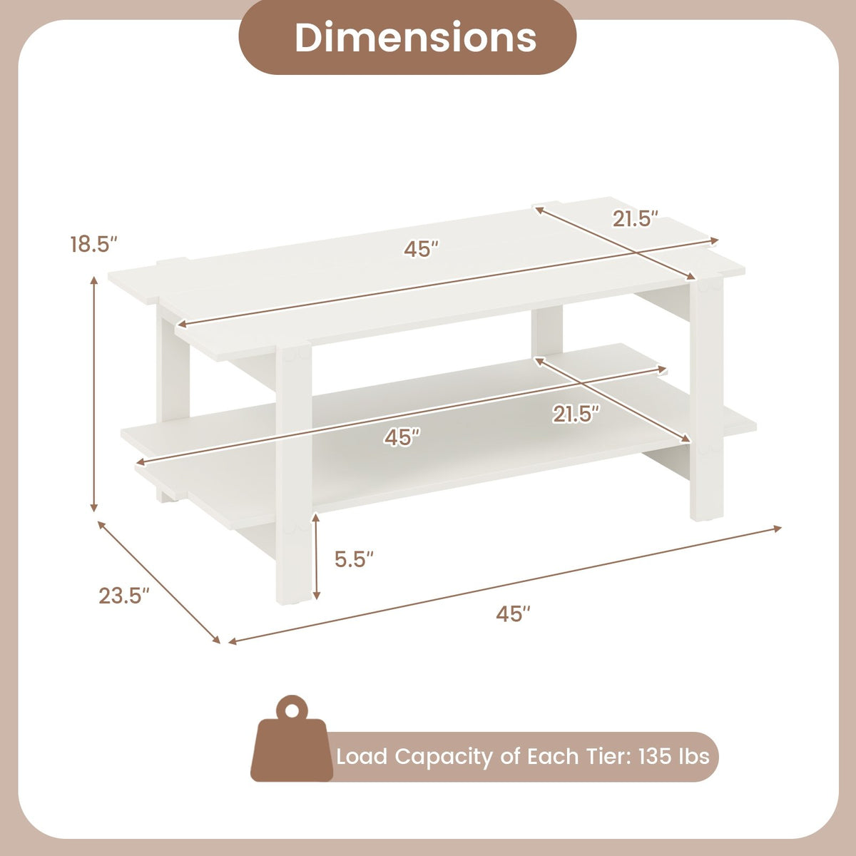 2-Tier Coffee Table Slatted Wood Center Table with Storage Shelf-White view 5