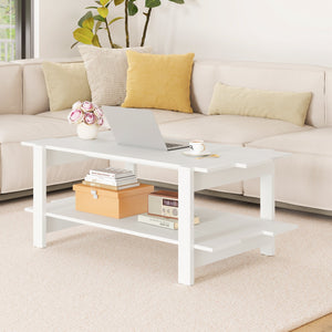 2-Tier Coffee Table Slatted Wood Center Table with Storage Shelf-White view 6