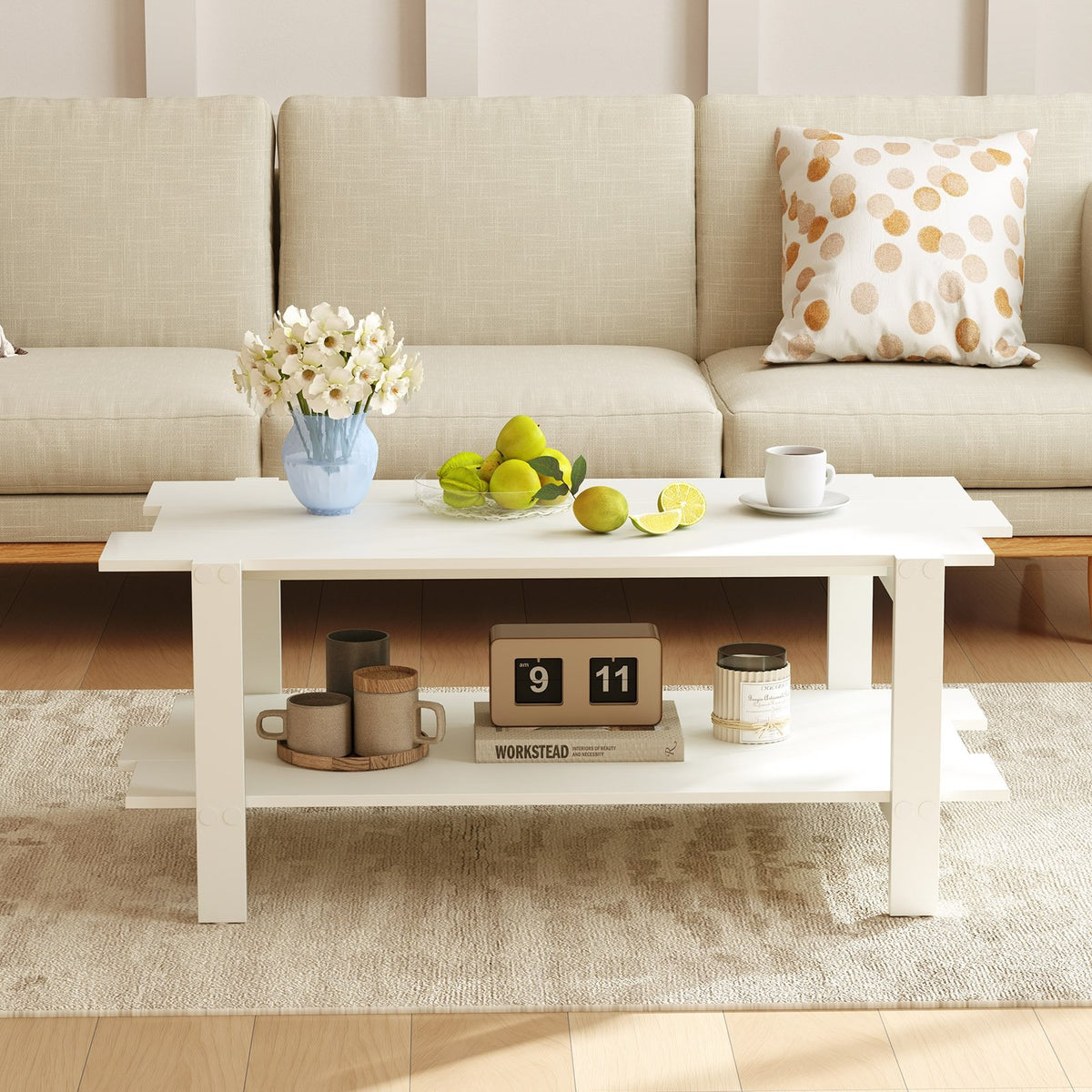 2-Tier Coffee Table Slatted Wood Center Table with Storage Shelf-White view 7