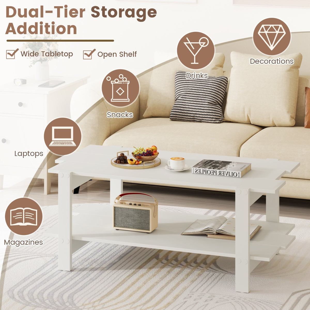 2-Tier Coffee Table Slatted Wood Center Table with Storage Shelf-White view 8