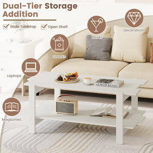 2-Tier Coffee Table Slatted Wood Center Table with Storage Shelf-White view 8