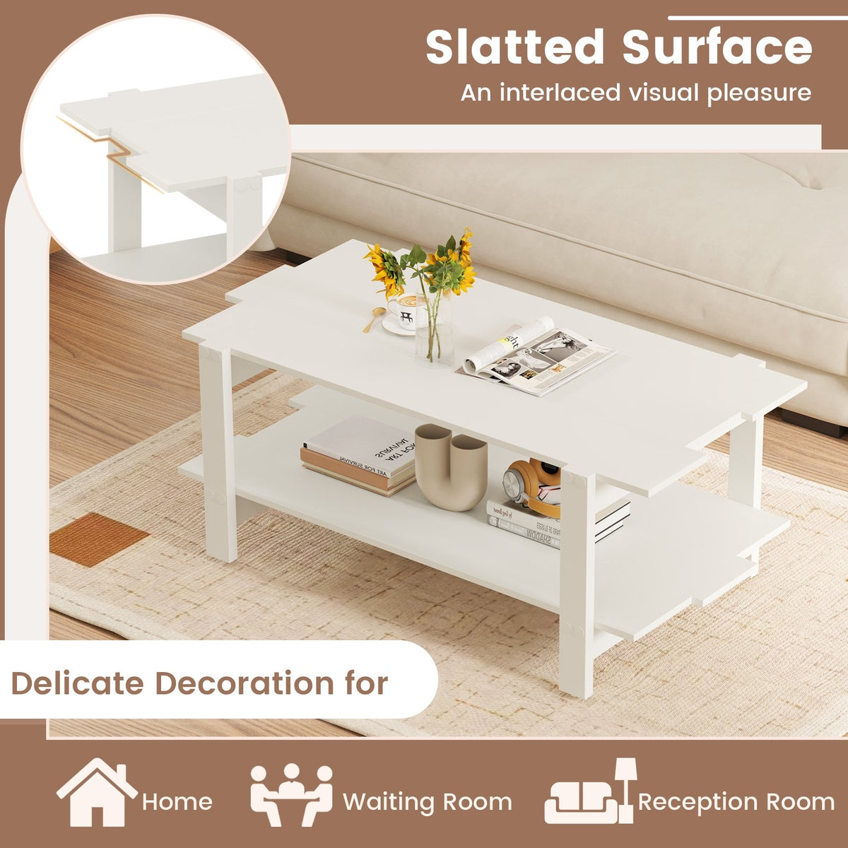 2-Tier Coffee Table Slatted Wood Center Table with Storage Shelf-White view 9