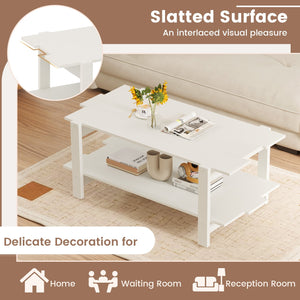 2-Tier Coffee Table Slatted Wood Center Table with Storage Shelf-White view 9