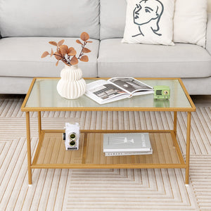 2-Tier Coffee Table with Shelf Center Tea Table with Tempered Glass Top-Golden view 2