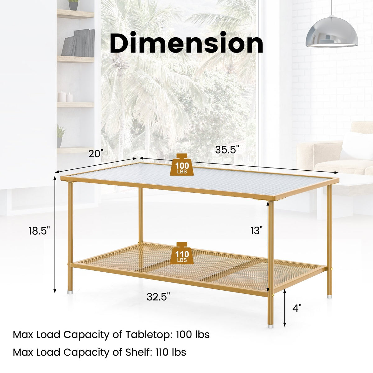 2-Tier Coffee Table with Shelf Center Tea Table with Tempered Glass Top-Golden view 5