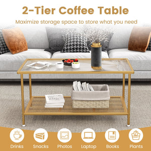 2-Tier Coffee Table with Shelf Center Tea Table with Tempered Glass Top-Golden view 7