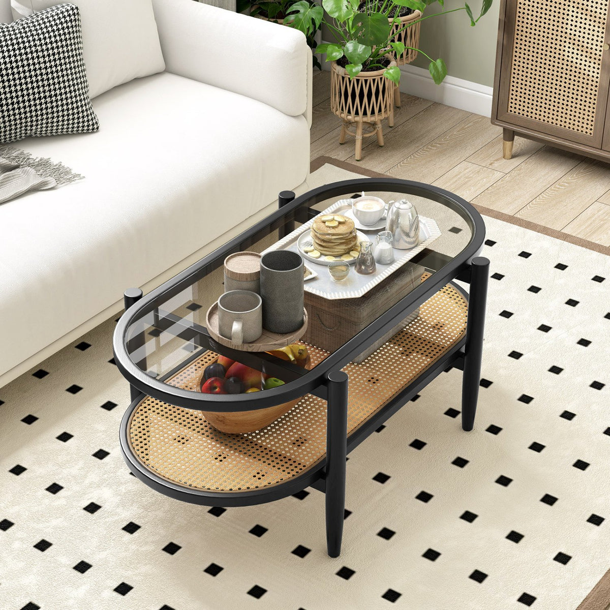 2-Tier Coffee Table with Tempered Glass Tabletop and Acacia Wood Frame-Black view 2