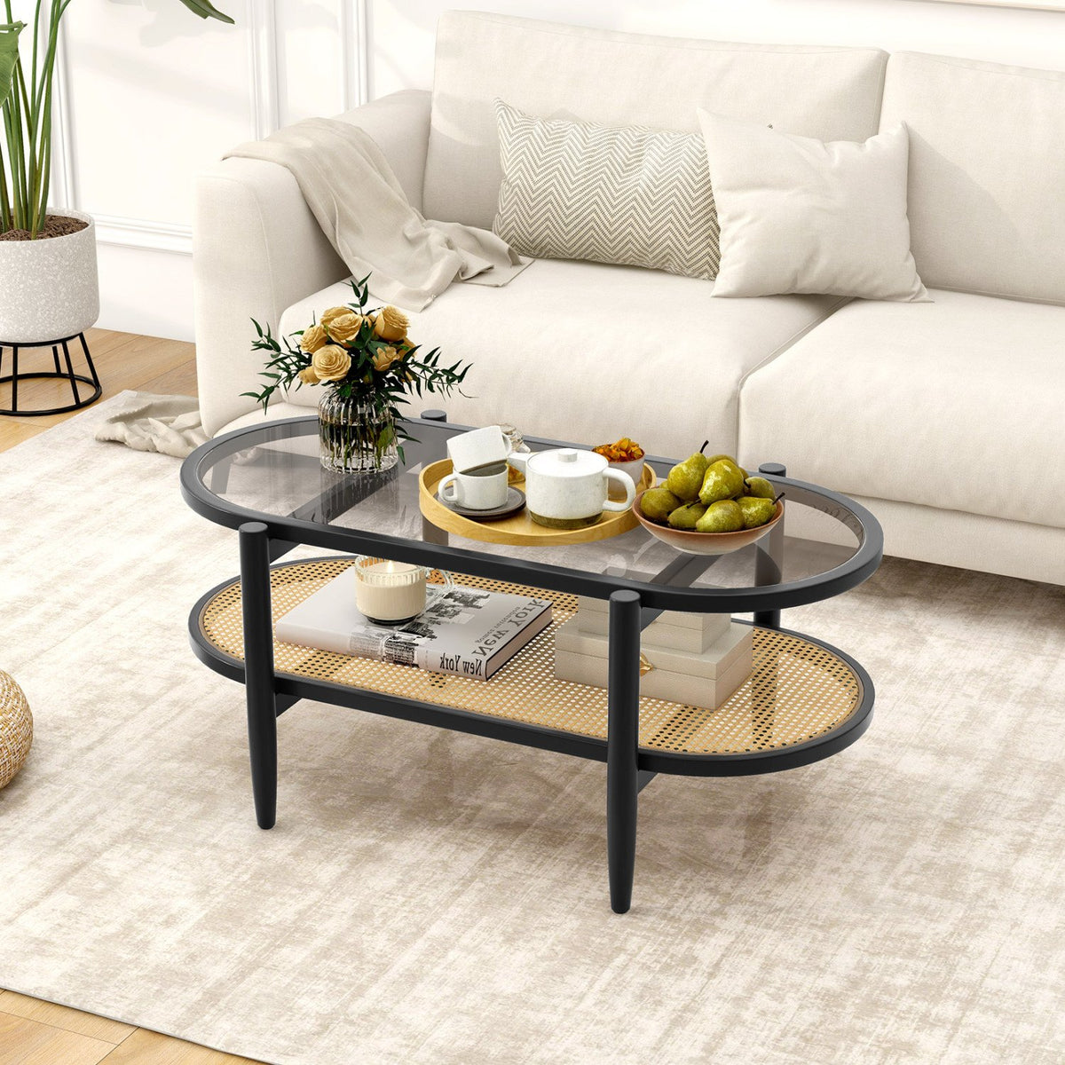 2-Tier Coffee Table with Tempered Glass Tabletop and Acacia Wood Frame-Black view 3