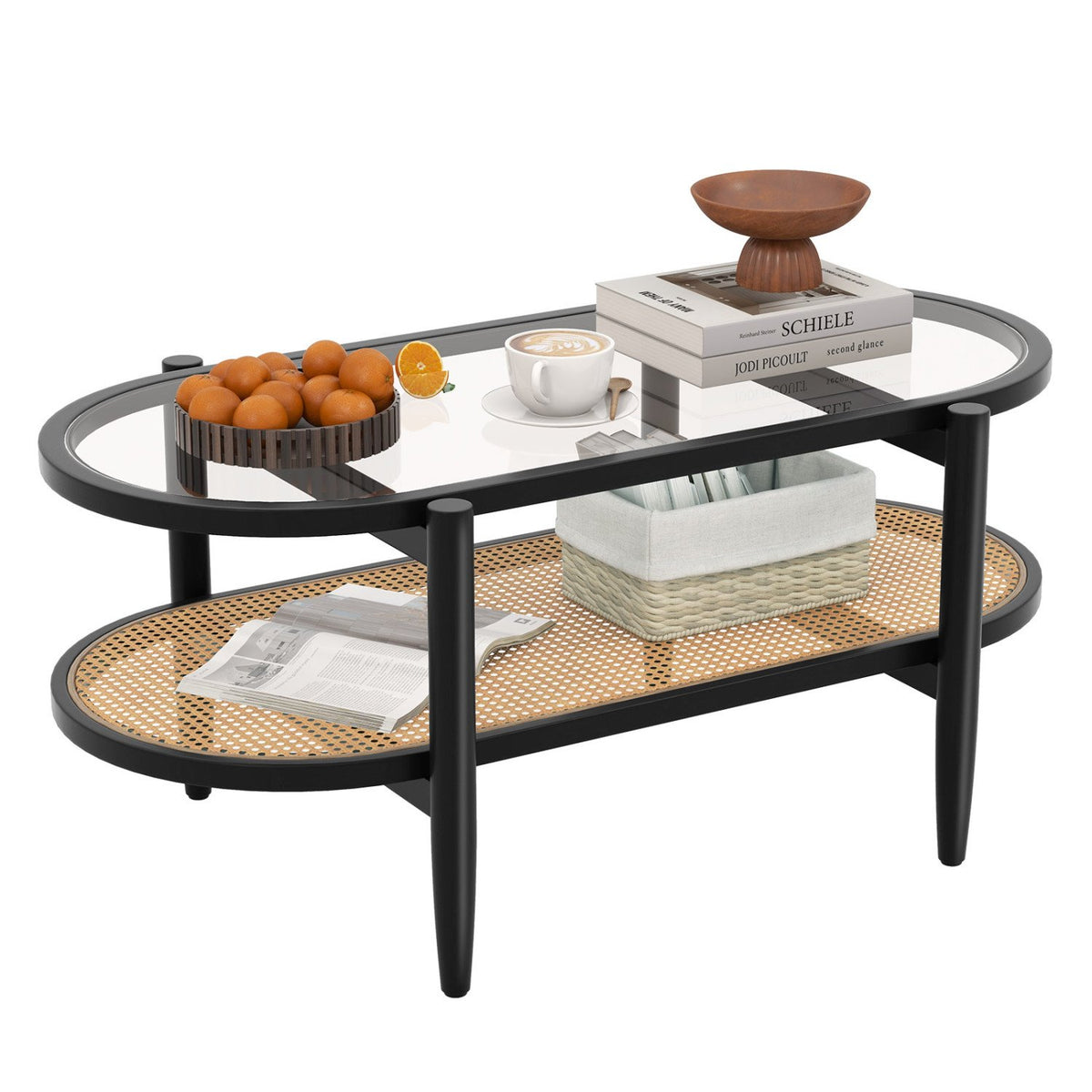 2-Tier Coffee Table with Tempered Glass Tabletop and Acacia Wood Frame-Black view 4