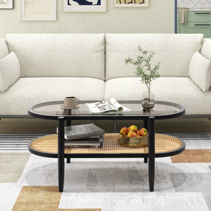 2-Tier Coffee Table with Tempered Glass Tabletop and Acacia Wood Frame-Black view 6