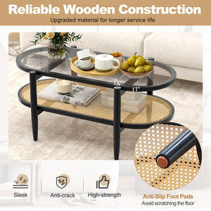 2-Tier Coffee Table with Tempered Glass Tabletop and Acacia Wood Frame-Black view 7