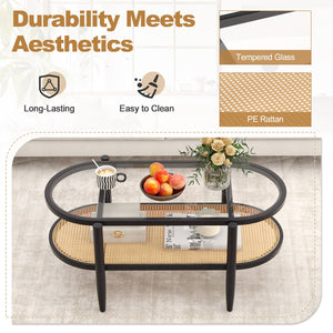 2-Tier Coffee Table with Tempered Glass Tabletop and Acacia Wood Frame-Black view 8