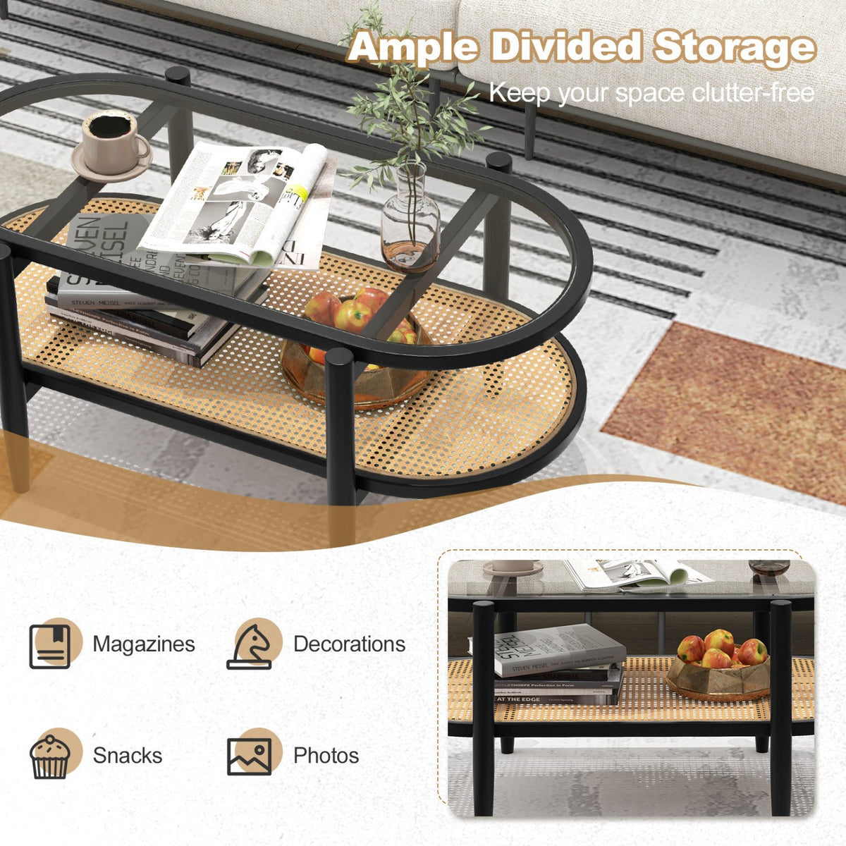 2-Tier Coffee Table with Tempered Glass Tabletop and Acacia Wood Frame-Black view 9