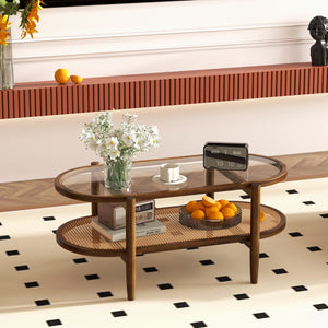 2-Tier Coffee Table with Tempered Glass Tabletop and Acacia Wood Frame-Brown view 6